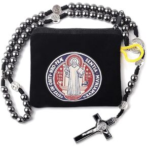 Luomu Hematite Stone 8mm مسبحة خرز أسود St.Benedict معدنية مع مسبحة كاثوليكية مع قطعة مركزية St.Benedict وصليب مع حقيبة مخملية للرجال والنساء (أسود) in Kuwait