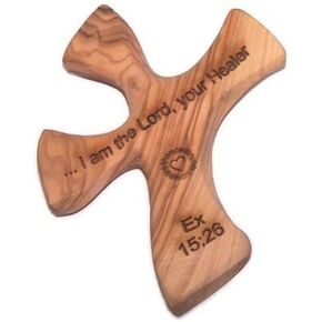 Holy Land Market Olive Wood Healing Cross ® - Complete Package with Prayers and Certificate ( 4 . 5 x 3 . 6 inches ) ? Designed to sit in Your Hand Perfectly . Healing Cross Trademark
