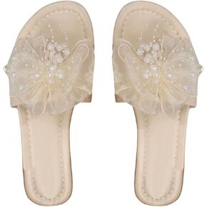 GORGLITTER Women's Faux Pearls Decor Flat Sandals Open Toe Leather Slide Sandal