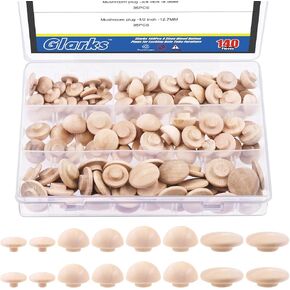 Glarks 140Pcs 4 Sizes Wood Button Plugs Set, 3/16 Inch, 5/16 Inch, 3/8 Inch, 1/2 Inch Hardwood Screw Hole Plugs Button Top Wood Plugs for Locking Hole Tube Furniture