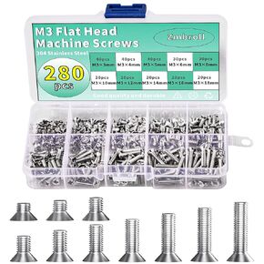 M3 Flat Head Machine Screws,304 Stainless Steel Phillips Countersunk Fasteners Bolts Assortment Kit M3 x 3mm / 4mm / 5mm / 6mm / 8mm / 10mm / 12mm / 14mm / 16mm/ 18mm