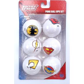 Silver Buffalo JLA Justice League of America DC Superhero Logo Pong Ball 6 Pack Set. Batman, Superman, Wonder Woman, Flash, Aquaman, Cyborg, Standard Size, White, DC12395H
