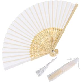 White Folding Hand Fan, Chinese Handheld Fan with Tassel Wooden Charming, DIY Blank Paper Fan Elegant Vintage Retro Style for Women Dance Party Home, Decorations Festival Wedding Dancing Party Summer