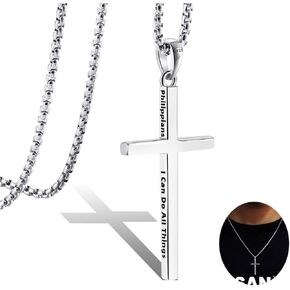 LOFITOR Sterling Silver Cross Necklace for Men Women 18K Gold Plated Dainty Cross Necklace Philippians 4:13 With 3mm Stainless Steel Strong Durable Square Rolo Chain S925 Crucifix Pendant Necklace Jewelry Gifts 18-26 Inches