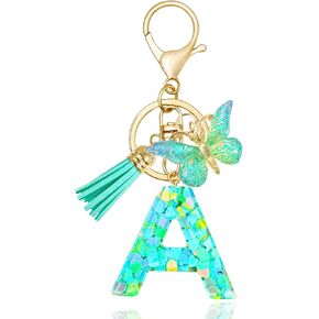 Meefisher Purple-Blue Pink Resin Alphabet Initial Letter Keychain Tassel Butterfly Key Ring for Purse Wallet Handbag Car Keys