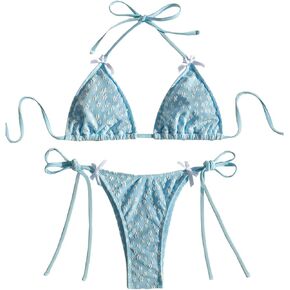 GORGLITTER Women's High Cut Thong Bikini Set Textured Halter Triangle Tie Side Swimsuit Bathing Suit