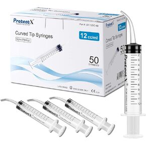 ProtectX 50 Pack Disposable 12ml/cc Dental Syringes with Curved Tips Disposable Irrigation Syringe with measurement for Oral Dental Care Small Pets Feeding