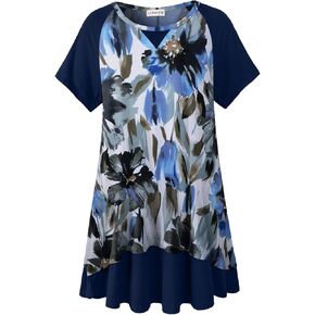 LARACE Plus Size Tops for Womens Summer Short Sleeve Tunic Shirts Crew Neck Leopard Color Block Tee