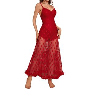 SweatyRocks Women's Heart Print Mesh Cami Nightdress Spaghetti Strap Sleepdress Nightwear