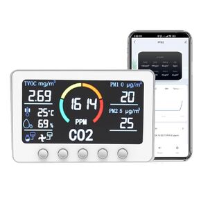 6 in 1 Smart Indoor Air Quality Monitor Measures CO2, TVOC, PM1.0, PM2.5, Temperature and Humidity, Automatic Air Quality Management via APP, RS485, Relays for Household, School, Office