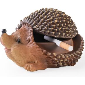 Ashtray, Outdoor Ashtray with Lid Smokeless Waterproof Ash Tray with Cute Hedgehog Decor, Resin Ashtray for Cigarettes Home Office, Porch Patio Decorations Outdoor Indoor Ashtray（Brown)