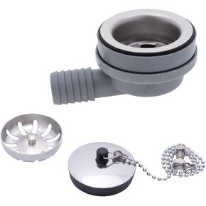 Ambassador Marine - 2 inch Drain, 95 Degree Drain, Low Profile w/Strainer, 1 inch Hose Barb, w/Chain Stopper - Ultra-Mirror Finish - S00-1102-UP-W