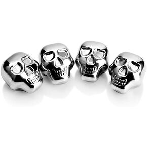 Stainless Steel Chilling Stones Reusable Skull Head Ice Cubes Set of 4 - Whiskey Wine Beer Vodka Chillers (silver)