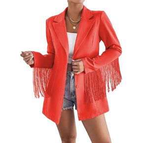 WDIRARA Women's Fringe Trim Button Front Long Sleeve Lapel Neck Party Blazer