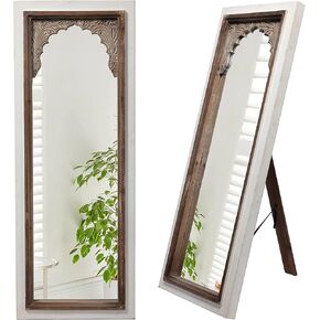Farmhouse Full Length Mirror with Stand 42", Boho Distressed White Arched Full Length Mirrors for Bedroom, Vintage Ornate Carved Scalloped Mirror, Leaning Wood Floor Mirror Full Length