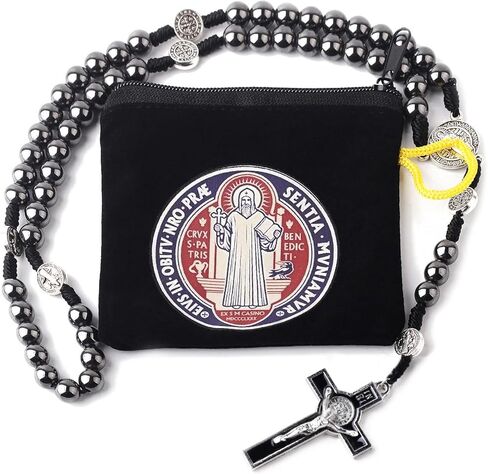 Luomu Hematite Stone 8mm مسبحة خرز أسود St.Benedict معدنية مع مسبحة كاثوليكية مع قطعة مركزية St.Benedict وصليب مع حقيبة مخملية للرجال والنساء (أسود) in Kuwait
