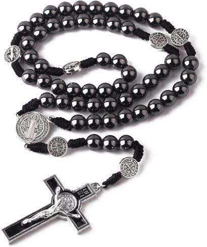 Luomu Hematite Stone 8mm مسبحة خرز أسود St.Benedict معدنية مع مسبحة كاثوليكية مع قطعة مركزية St.Benedict وصليب مع حقيبة مخملية للرجال والنساء (أسود) in Kuwait