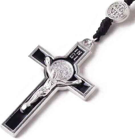 Luomu Hematite Stone 8mm مسبحة خرز أسود St.Benedict معدنية مع مسبحة كاثوليكية مع قطعة مركزية St.Benedict وصليب مع حقيبة مخملية للرجال والنساء (أسود) in Kuwait