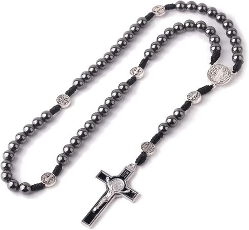 Luomu Hematite Stone 8mm مسبحة خرز أسود St.Benedict معدنية مع مسبحة كاثوليكية مع قطعة مركزية St.Benedict وصليب مع حقيبة مخملية للرجال والنساء (أسود) in Kuwait