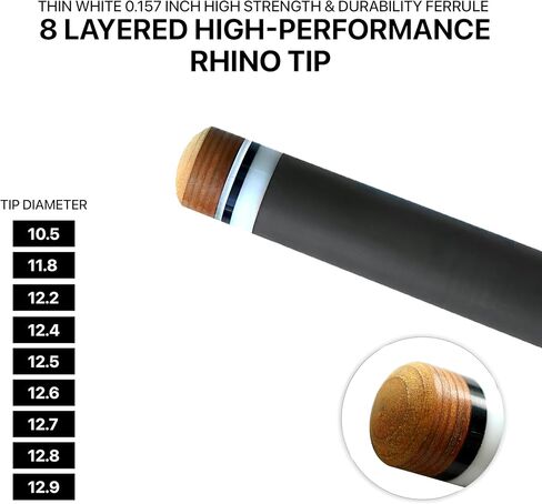 RHINO - 30" / 3/8-14 Carbon Pool Cue Single Shaft, Tip, 10.5mm. Low Deflection Technology, Ultra-Smooth, pro Taper, Easy to Play in Kuwait