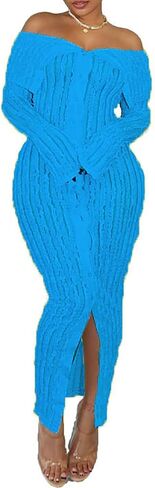 Yuopeid Women's Elegant Long Sleeve Off Shoulder Mesh Wavy Ruffle Front Slit Bodycon Maxi Beach Party Cover Up Dress in Saudi Arabia
