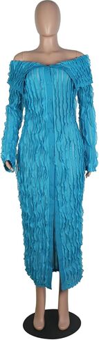 Yuopeid Women's Elegant Long Sleeve Off Shoulder Mesh Wavy Ruffle Front Slit Bodycon Maxi Beach Party Cover Up Dress in Saudi Arabia