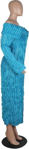 Yuopeid Women's Elegant Long Sleeve Off Shoulder Mesh Wavy Ruffle Front Slit Bodycon Maxi Beach Party Cover Up Dress in Saudi Arabia