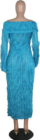 Yuopeid Women's Elegant Long Sleeve Off Shoulder Mesh Wavy Ruffle Front Slit Bodycon Maxi Beach Party Cover Up Dress in Saudi Arabia