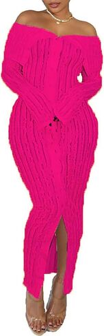 Yuopeid Women's Elegant Long Sleeve Off Shoulder Mesh Wavy Ruffle Front Slit Bodycon Maxi Beach Party Cover Up Dress in Saudi Arabia