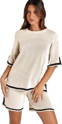 Athlisan Womens Sweater Sets Two Piece Outfits Knitted Tops Elastic Waist Shorts Lounge Sets in Kuwait