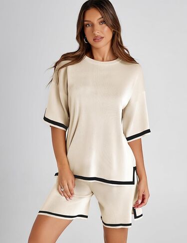 Athlisan Womens Sweater Sets Two Piece Outfits Knitted Tops Elastic Waist Shorts Lounge Sets in Kuwait