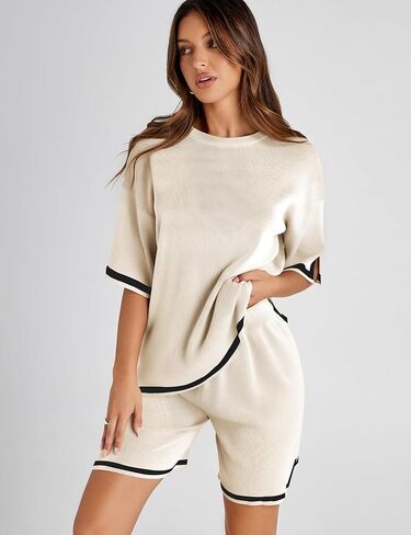Athlisan Womens Sweater Sets Two Piece Outfits Knitted Tops Elastic Waist Shorts Lounge Sets in Kuwait