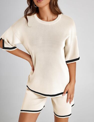 Athlisan Womens Sweater Sets Two Piece Outfits Knitted Tops Elastic Waist Shorts Lounge Sets in Kuwait