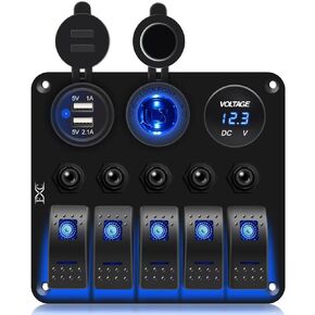 FXC Waterproof Marine Boat Rocker Switch Panel 5 Gang with Dual USB Slot Socket + Cigarette Lighter +LED Voltmeter with Overload Protection for Car Rv Vehicles Truck (5 Gang Blue LED)