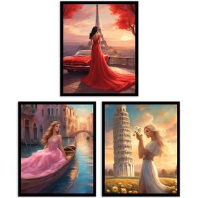 CNTG Design Travel Art Poster Paris Pisa Venice Wall Art Decor Set of 3 Unframed (8''x10'') Paris Eiffel Tower Wall Art Decor Pisa Italy Travel Poster Venice Italy Wall Art Decor Poster Paris France