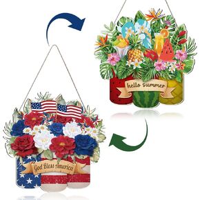 لافتة ترحيب للصيف/الرابع من يوليو - لافتة باب معلقة على شكل أناناس صيفي خشبي قابل للعكس من Wxiben، علم أمريكي وطني، ديكور للباب الأمامي مع حبل للمنزل في الهواء الطلق، ديكور جدار الشرفة in Kuwait