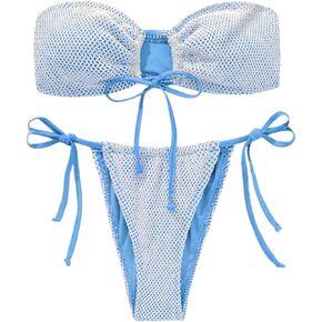 SHENHE Women's Bandeau Bikini Set 2 Piece Drawstring Strapless Tie Side Swimsuit