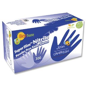 BeeSure BE1147 Superslim Nitrile Powder Free Exam Gloves, Medium (Pack of 300),blue