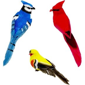 LWINGFLYER 3pcs Claw On Artificial Birds Realistic Red Cardinal Blue Jay Birds Yellow Goldfinch Assorted Birds for Decoration and Crafts Christmas Tree Ornaments