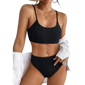 Dixperfect Women's Ribbed High-Waisted Bikini Set, Padded Two-Piece Swimsuit, Tummy Control Swimwear, Multiple Colors