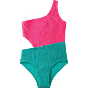 LIZENS Girls' One Piece Swimwear Cutout One Shoulder Swimsuit in Color Clash Swimsuits for Girls Size 2-16