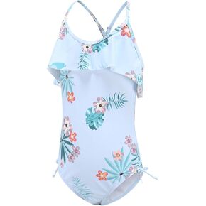 Big Girls One Piece Swimsuits Halter Bathing Suits Summer Ruffler Swimwear Size 14/12-16 Green Flower