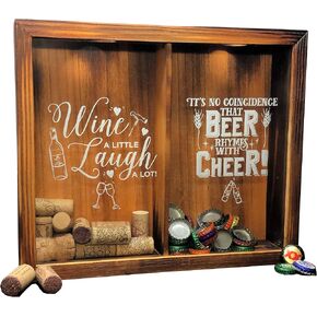 Wine Cork & Beer Cap Holder Shadow Box, Wall Mounted or Free Standing, Wine & Bar Decor for Him & Her, Rustic Stained Wood, 11" x 13"