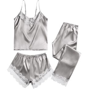 Vrtige Women's 3 Piece Satin Pajamas Set Lace Cami Top and Shorts with Pants PJs Sleepwear Set