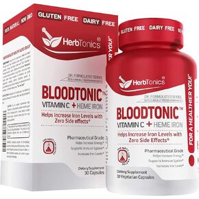 Herbtonics Blood Booster Iron Supplements for Women and Men with Vitamin C, Beet Root, Folate Multivitamin, Supports Energy and Red Blood Cell Production without Nausea or Constipation Vegan Capsules