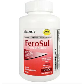 Major Ferosul - Ferrous Sulfate 325mg Tablets with 65mg of Elemental Iron - Iron Supplement for Women, Men - Red - 100 Tablets - Pack of 1
