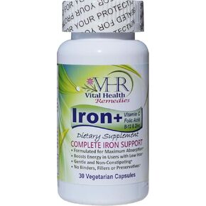 Vital Health Remedies Iron+ with Vitamin C, FOLIC Acid, B-12 & ZINC Preservative-Free, Gentle and Non-constipating Formulated for Maximum Absorption. 30 Veggie caps