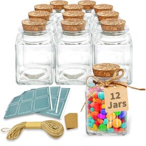 12 Pack Small Glass Jars with Lids,3.4 oz Small Jars with Lids, Mini Glass Bottles with Cork, Glass Jars with Cork Lids, Mini Jars with Twine and Labels for Favors, DIY Crafts, Candy, Potion