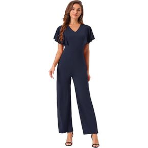 Allegra K V Neck Jumpsuit for Women's High Waist Ruflled Short Sleeve Casual Dressy Long Wide Leg Jumpsuits
