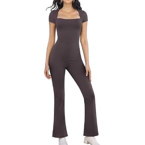 POTILI Flare Jumpsuits for Women Full Body Length Bodysuit Short Sleeve Square Neck One Piece Bodycon with Tummy Control